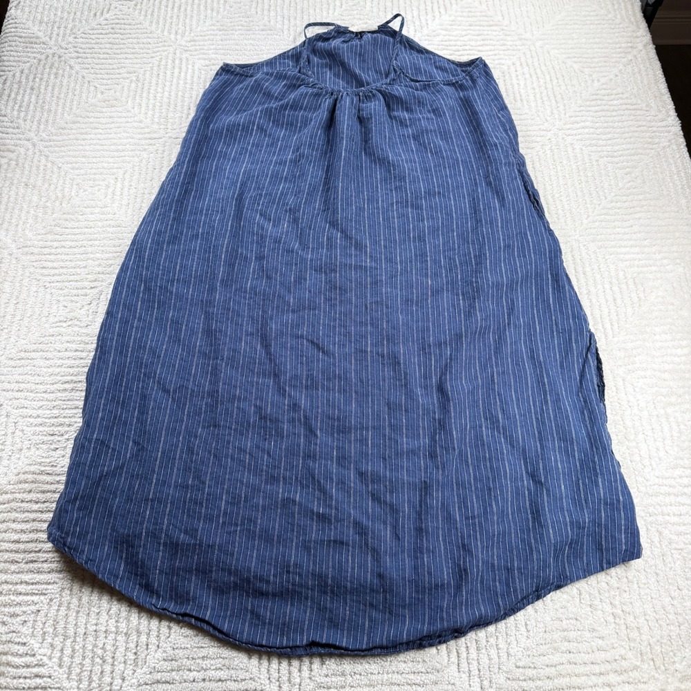 Lou & Grey LOFT Dress Womens Small Blue Linen Pinstripe Coastal Beach Nautical